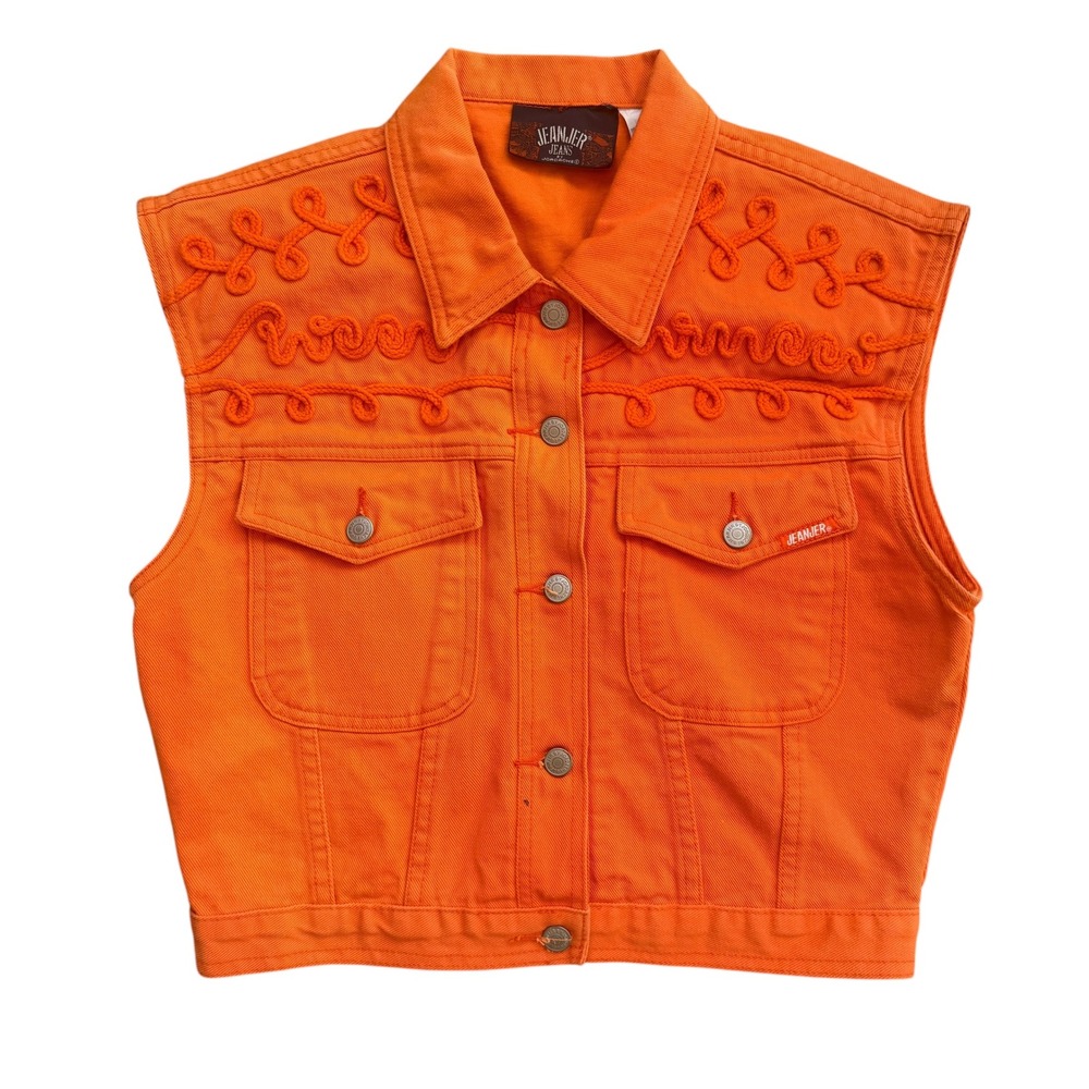 Vintage Jean-Jer by Jordache Orange Denim Vest Soutache‎ Embroidered Medium